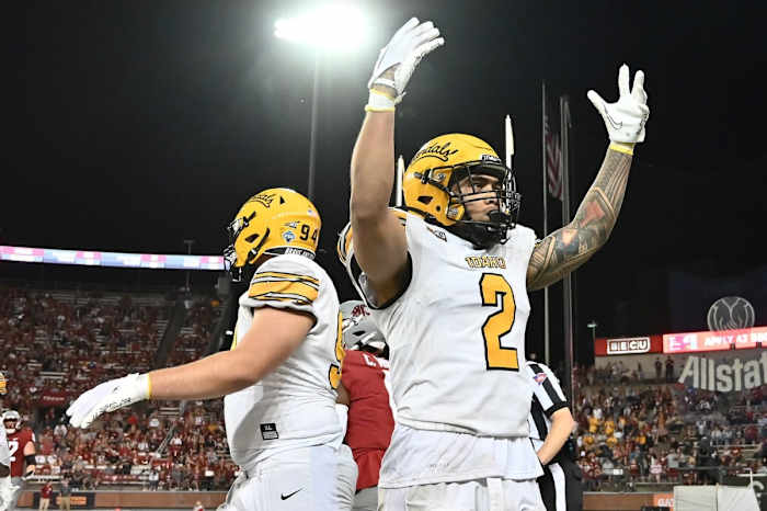 Idaho Vandals linebacker Fa'Avae Fa'Avae (2) celebrates after a defensive stop against the Washington State Cougars in the second half at Gesa Field at Martin Stadium. Washington State won 24-17.